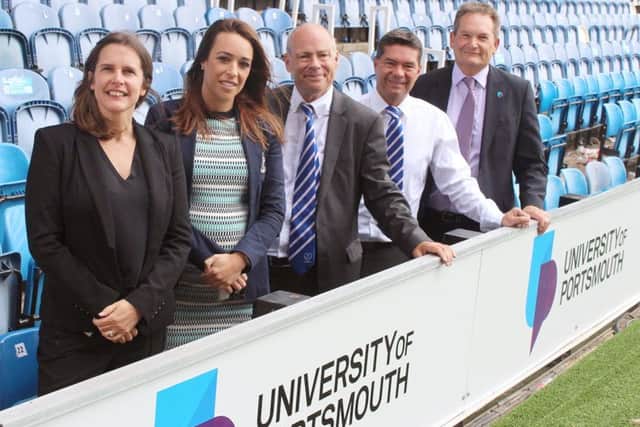 From left, University of Portsmouth head of brand strategy and corporate communications Emma Fields, Portsmouth FC commercial director Anna Mitchell, university governor and former Portsmouth FC President David Willan, football club CEO Mark Catlin and university vice chancellor Professor Graham Galbraith