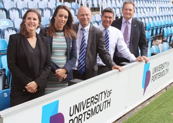 From left, University of Portsmouth head of brand strategy and corporate communications Emma Fields, Portsmouth FC commercial director Anna Mitchell, university governor and former Portsmouth FC President David Willan, football club CEO Mark Catlin and university vice chancellor Professor Graham Galbraith