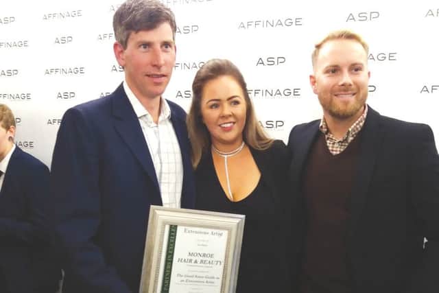 Managing director of Good Salon Guide Gareth Penn with Lisa Brady (owner of Good Salon Guide member Monroe Hair & Beauty in Southwick) and Tim Fluin (distributor account manager at Affinage Professional)