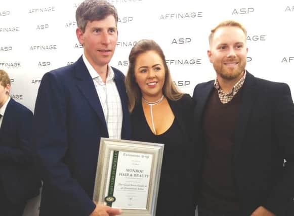 Managing director of Good Salon Guide Gareth Penn with Lisa Brady (owner of Good Salon Guide member Monroe Hair & Beauty in Southwick) and Tim Fluin (distributor account manager at Affinage Professional)