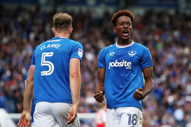 Jamal Lowe scores his second goal in Pompey's 4-1 win against Fleetwood at Fratton Park. Picture: Joe Pepler/Digital South.