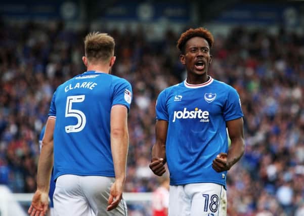 Jamal Lowe scores his second goal in Pompey's 4-1 win against Fleetwood at Fratton Park. Picture: Joe Pepler/Digital South.