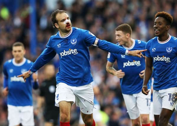 Pompey's Brett Pitman scores his second goal of the match as the Blues' win 4-1 against Fleetwood. Picture: Joe Pepler/Digital South.