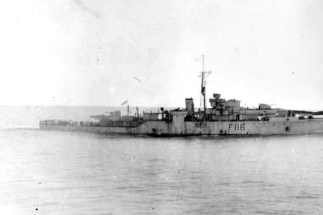 HMS Amethyst photographed by Derek Hodgeson from HMS Concord after her escape down the Yangste River in 1949.