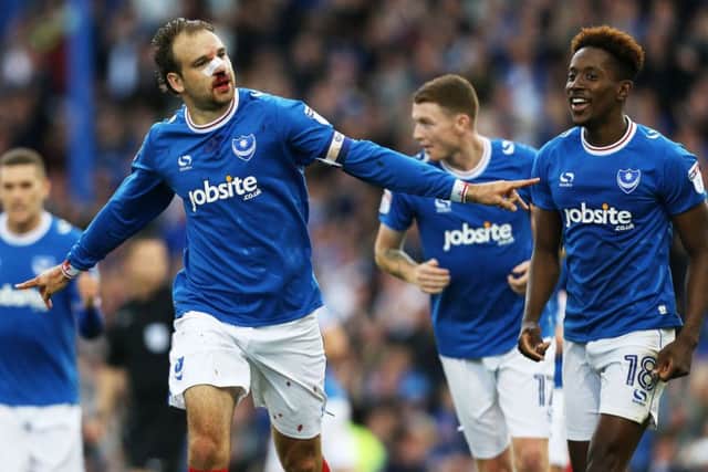 Brett Pitman celebrates his second goal against Fleetwood. Picture: Joe Pepler