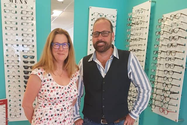 Anne Gill of Anne Gill Eyecare in North End with her 2000th customer, Stephen Melhuish     Picture: Robin Lander Brinkley