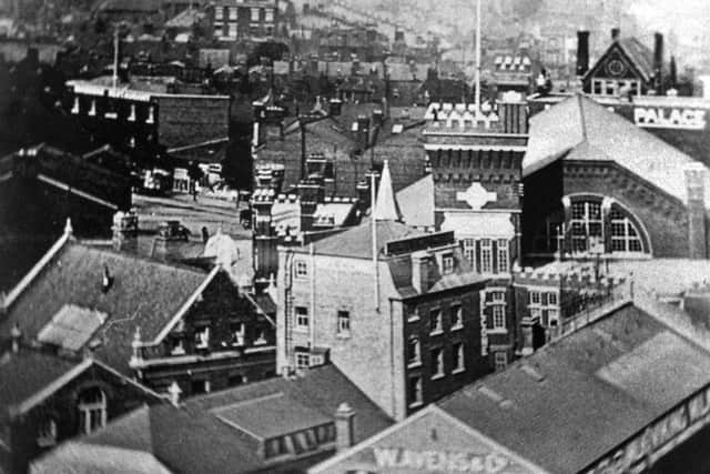 In this pre-war view of central  Portsmouth there is a glimpse of the Empire Palace music hall, Trafalgar Institue, Maddens restaurant, the Evening News offices in Stanhope Road, the Connaught Drill Hall and Sarah Robsinsons Sailors Welcome, where a roof sign warns PREPARE TO MEET THY GOD, while another on the wall simply says WELCOME!