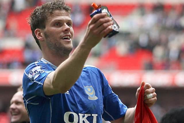 Hermann Hreidarsson celebrates Pompey reaching the FA Cup final in 2008