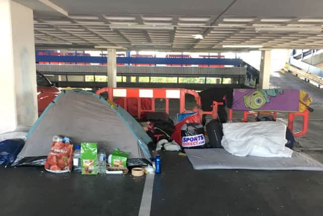 Tents housing homeless people in Isambard Brunel multi-storey car part in Portsmouth