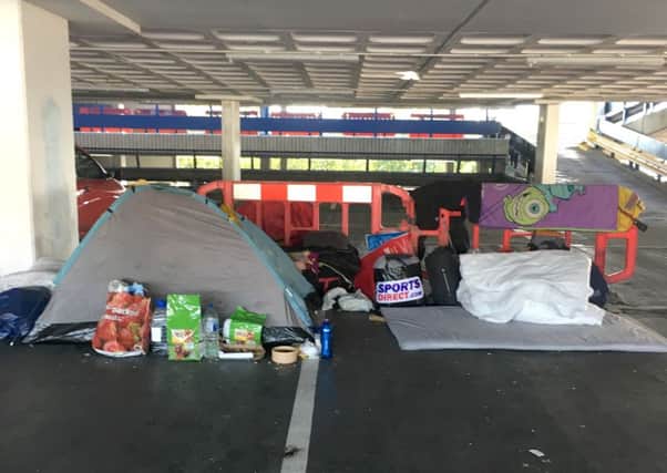 Tents housing homeless people in Isambard Brunel multi-storey car part in Portsmouth