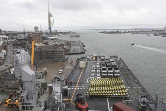 Today HNLMS KAREL DOORMAN arrived at Victory Jetty, at Portsmouth Naval Base to pick up humanitarian aid to help with the Caribbean hurricane. Picture LPhot Barry Swainsbury