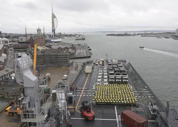 Today HNLMS KAREL DOORMAN arrived at Victory Jetty, at Portsmouth Naval Base to pick up humanitarian aid to help with the Caribbean hurricane. Picture LPhot Barry Swainsbury
