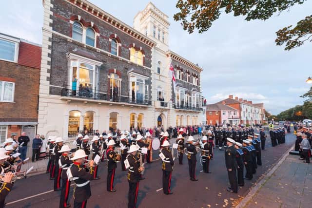 The Portsmouth band of the Royal Marines
plays for the 150th anniversary celebrations of the Royal Naval Club Pictures:
Shaun Roster Photography