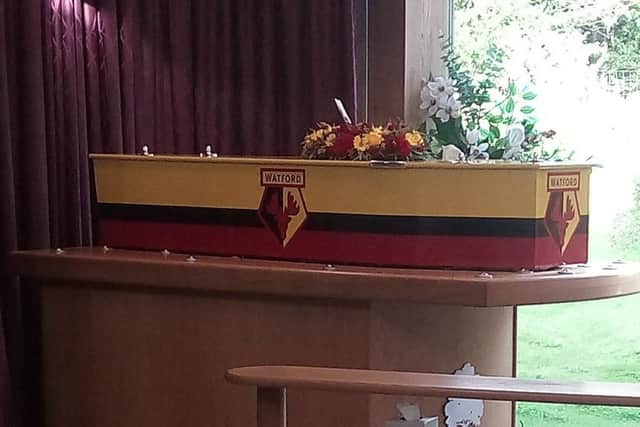 Michael Geddes coffin resplendent in Watfords colours.