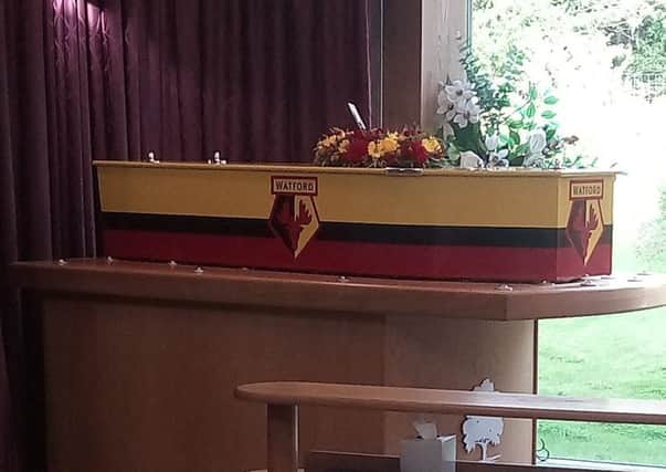 Michael Geddes coffin resplendent in Watfords colours.