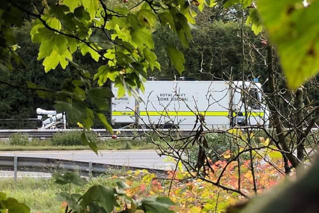 Photo put out by the Press Association witth the permission from the Twitter feed of Simon Read of a Royal Navy bomb disposal unit on the M3