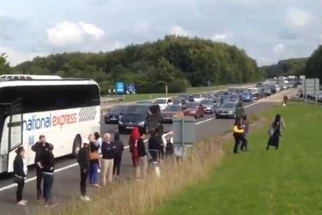 Picture put out by the Press Association with permission from the Twitter feed of George Vitelis of traffic at standstill on the M3