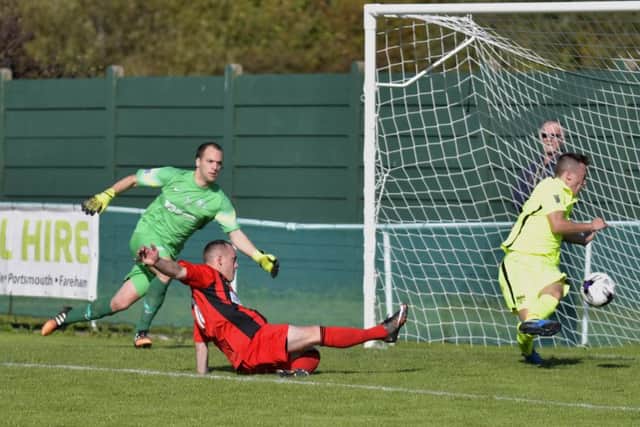 Scott Hamilton scores Fareham's second goal. Picture: Neil Marshall (171158-8)