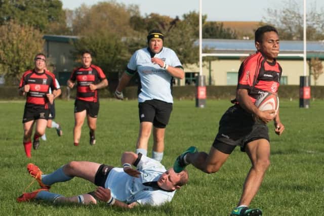 Steve Devoy with the second of his two tries. Picture: Keith Woodland
