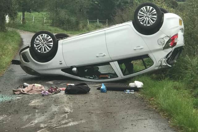 Car flips on its roof in Pigeon House Lane. Picture: @hantspolroads