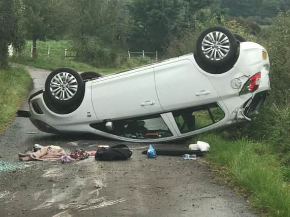 Car flips on its roof in Pigeon House Lane. Picture: @hantspolroads