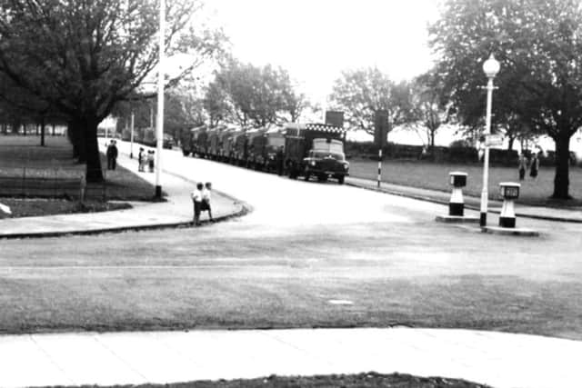 Green Goddess fire engines parked in Duisburg Way, Southsea, possibly 1977