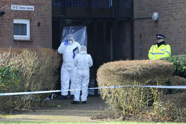 Police in Athena Avenue, Crookhorn, after the shooting. Picture: Malcolm Wells