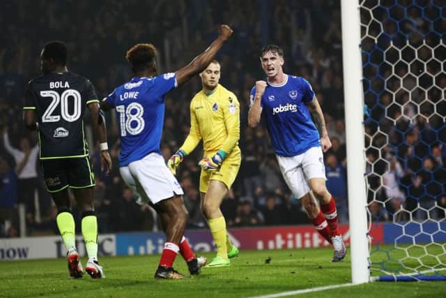 Oliver Hawkins celebrates his maiden Pompey goal against Bristol Rovers. Picture: Joe Pepler