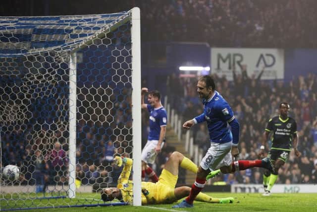 Brett Pitman nets the first of his two goals. Picture: Joe Pepler