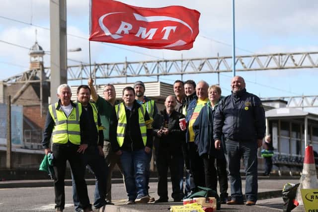 Members of the RMT union picketing in Colchester today. Picture: Jonathan Brady/PA Wire