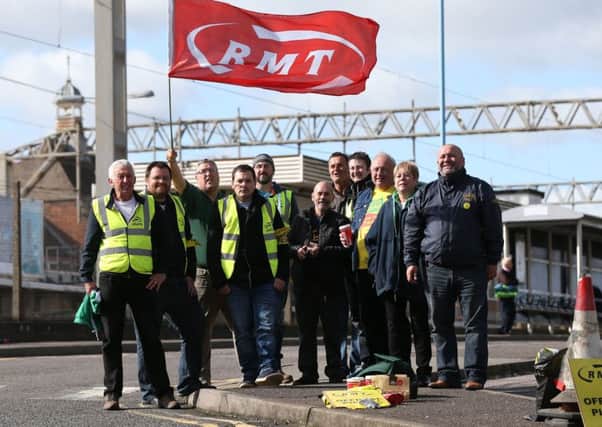 Members of the RMT union picketing in Colchester today. Picture: Jonathan Brady/PA Wire