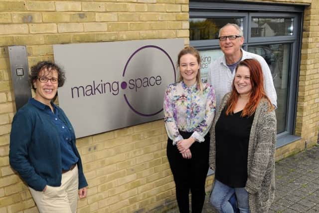 From left: Lynne Dick, director of Making Space; Kate Reid, administration and operations co-ordinator and Peter Levy, technician and artist, with marketing and education programmer Ami Lowman    Picture by:  Malcolm Wells (170403-9261)