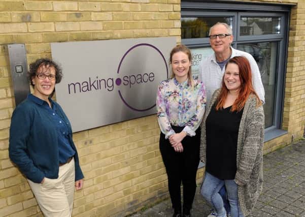 From left: Lynne Dick, director of Making Space; Kate Reid, administration and operations co-ordinator and Peter Levy, technician and artist, with marketing and education programmer Ami Lowman

    Picture by:  Malcolm Wells (170403-9261)