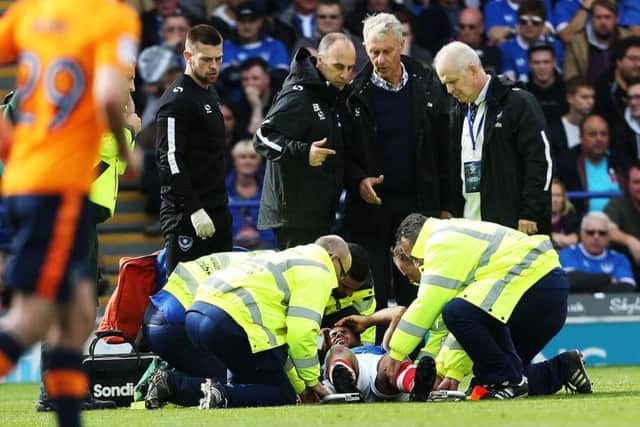 Nathan Thompson is stretchered off on Saturday. Picture: Joe Pepler