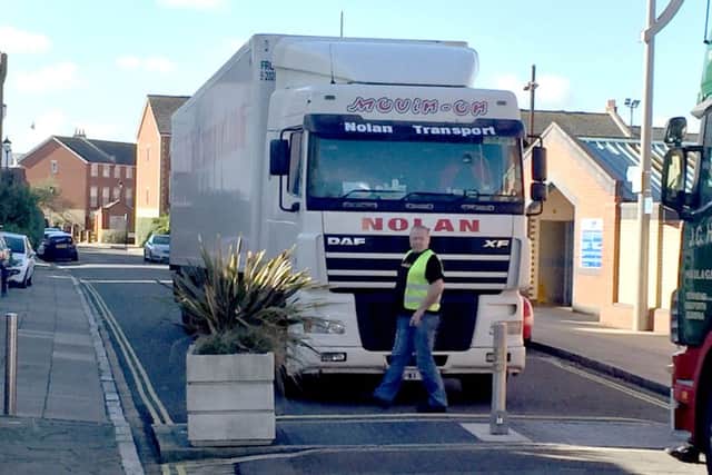 Lorry stuck by the bollards