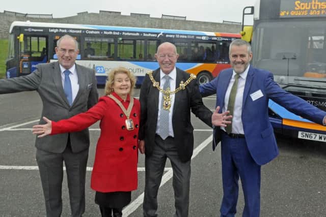 (Left to right), Peter Shelley of Hampshire County Council, Mayor of Havant Councillor Elaine Shimbart, Lord Mayor of Portsmouth Councillor Ken Ellcome, and Edward Hodgson of Stagecoach. Picture: Ian Hargreaves  (171226-1)