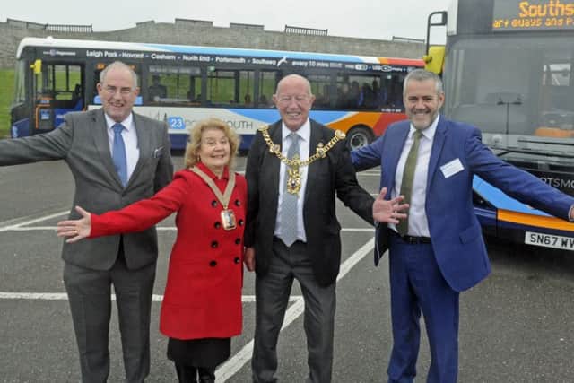 (Left to right), Peter Shelley of Hampshire County Council, Mayor of Havant Councillor Elaine Shimbart, Lord Mayor of Portsmouth Councillor Ken Ellcome, and Edward Hodgson of Stagecoach. Picture: Ian Hargreaves  (171226-1)