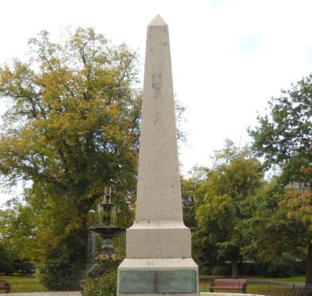 The obelisk memorial to the men who died in HMS Victoria, in Victoria Park, Portsmouth.