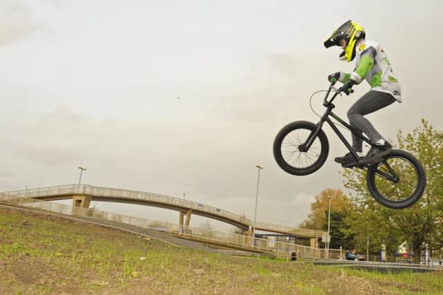 Sam Day shows off his BMX skills
Picture: Malcolm Wells (171016-5657)