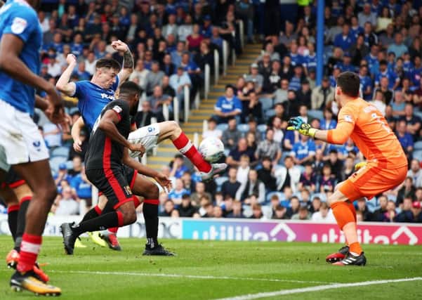 Oli Hawkins bags his second for Pompey. Picture: Joe Pepler