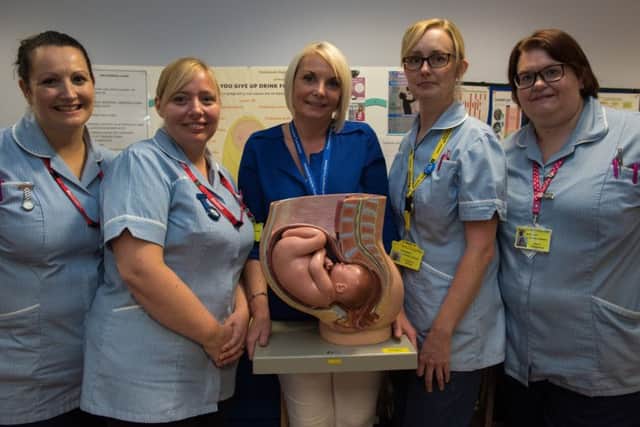 Alison Scammell (Midwife Clinical Lead) flanked by student midwives Clare Witcher, Rebecca Weston, Rebecca Sadler and Kirsty Harrington          Picture: Vernon Nash (171187-331)
