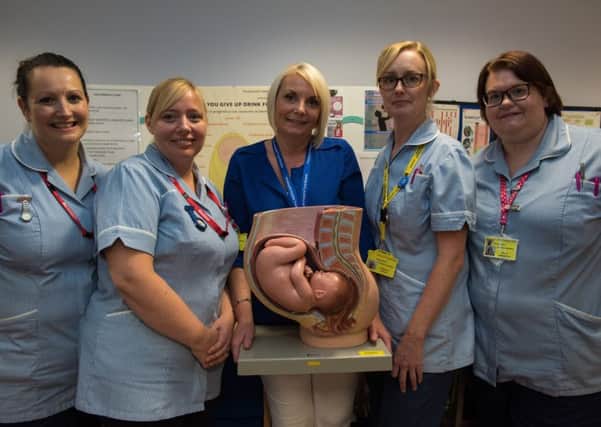 Alison Scammell (Midwife Clinical Lead) flanked by student midwives Clare Witcher, Rebecca Weston, Rebecca Sadler and Kirsty Harrington          Picture: Vernon Nash (171187-331)
