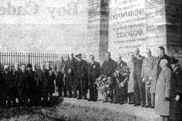 Naval personnel and veterans at the Nelson Monument on Portsdown Hill  in 1937. Inset: A postcard of Nelson from a portrait painted a decade before Trafalgar.
