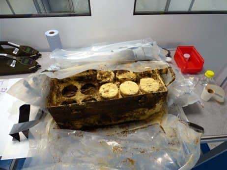 Box containing five mustard gas bombs. Picture: Royal Navy