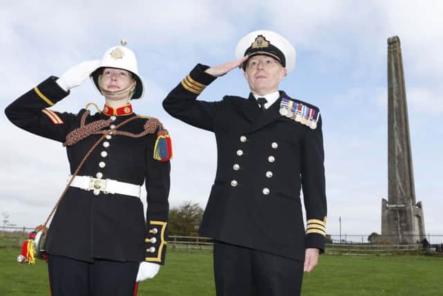 Corporal Bugler Barnes and Commander David Johnston at the Nelson Monument