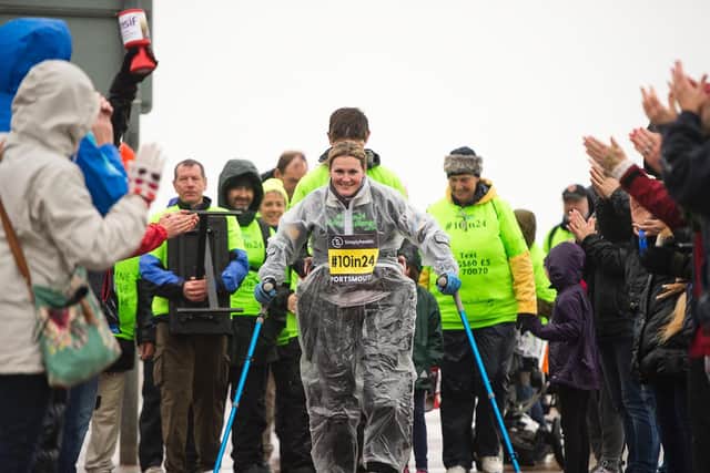 Inspirational fundraiser Claire Lomas crosses the Great South Run finish line