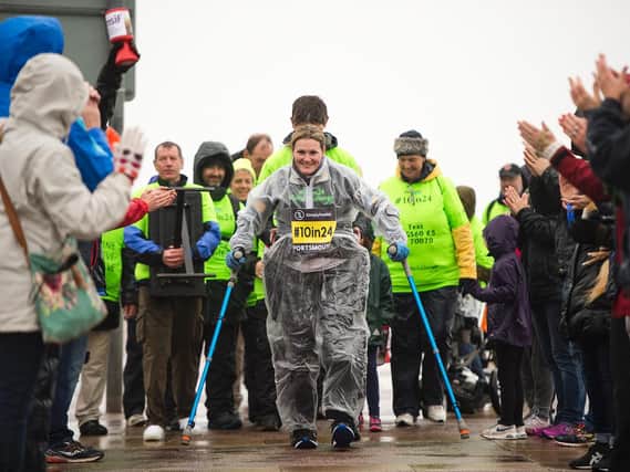 Inspirational fundraiser Claire Lomas crosses the Great South Run finish line