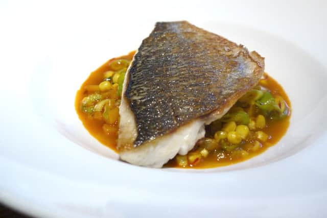 Crown Prince pumpkin and sweetcorn broth with sea bream
