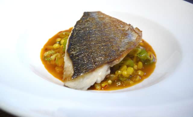 Crown Prince pumpkin and sweetcorn broth with sea bream