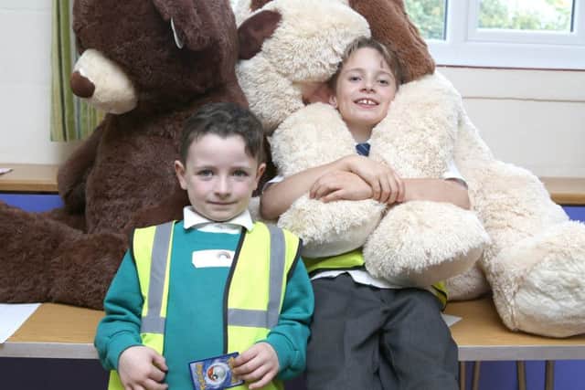 Jacob Alison, five, and Finley Warner, 10, snuggle up with enormous cuddly dogs which were donated as part of a fundraising competition   (171466-7)